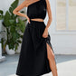 Ruched One Shoulder Top and Slit Skirt Set