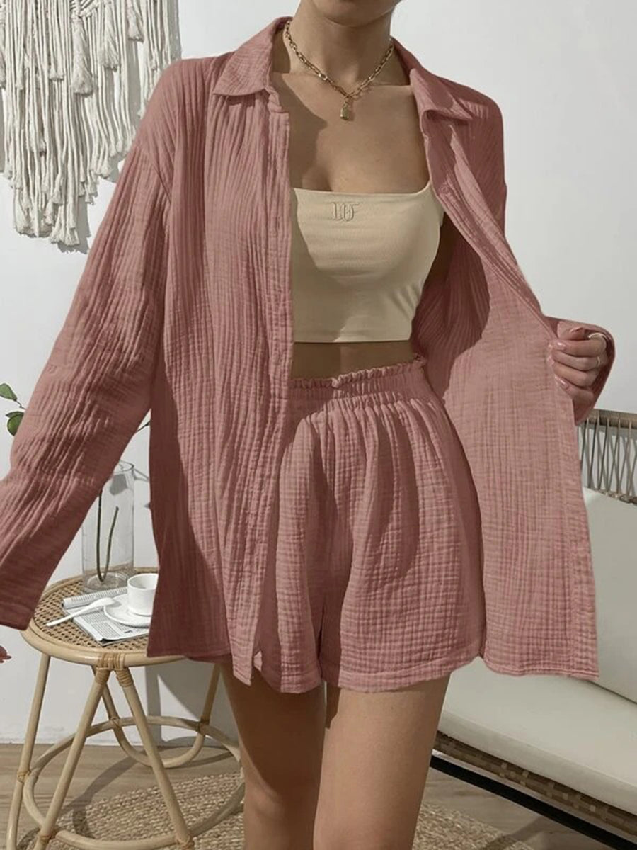 Dropped Shoulder Button Up Top and Elastic Waist Shorts Set Pink Purple