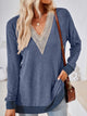 Crochet Contrast V-Neck Long Sleeve Slit T-Shirt Dusty Blue