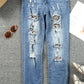 Leopard Distressed Pocketed Straight Jeans