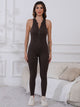Half Zip Wide Strap Active Jumpsuit Coffee Brown