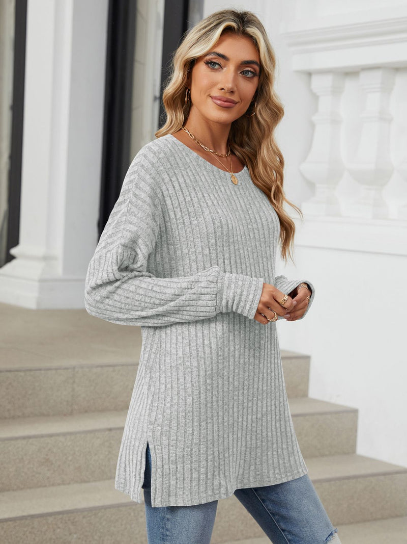 Ribbed Round Neck Long Sleeve T-Shirt