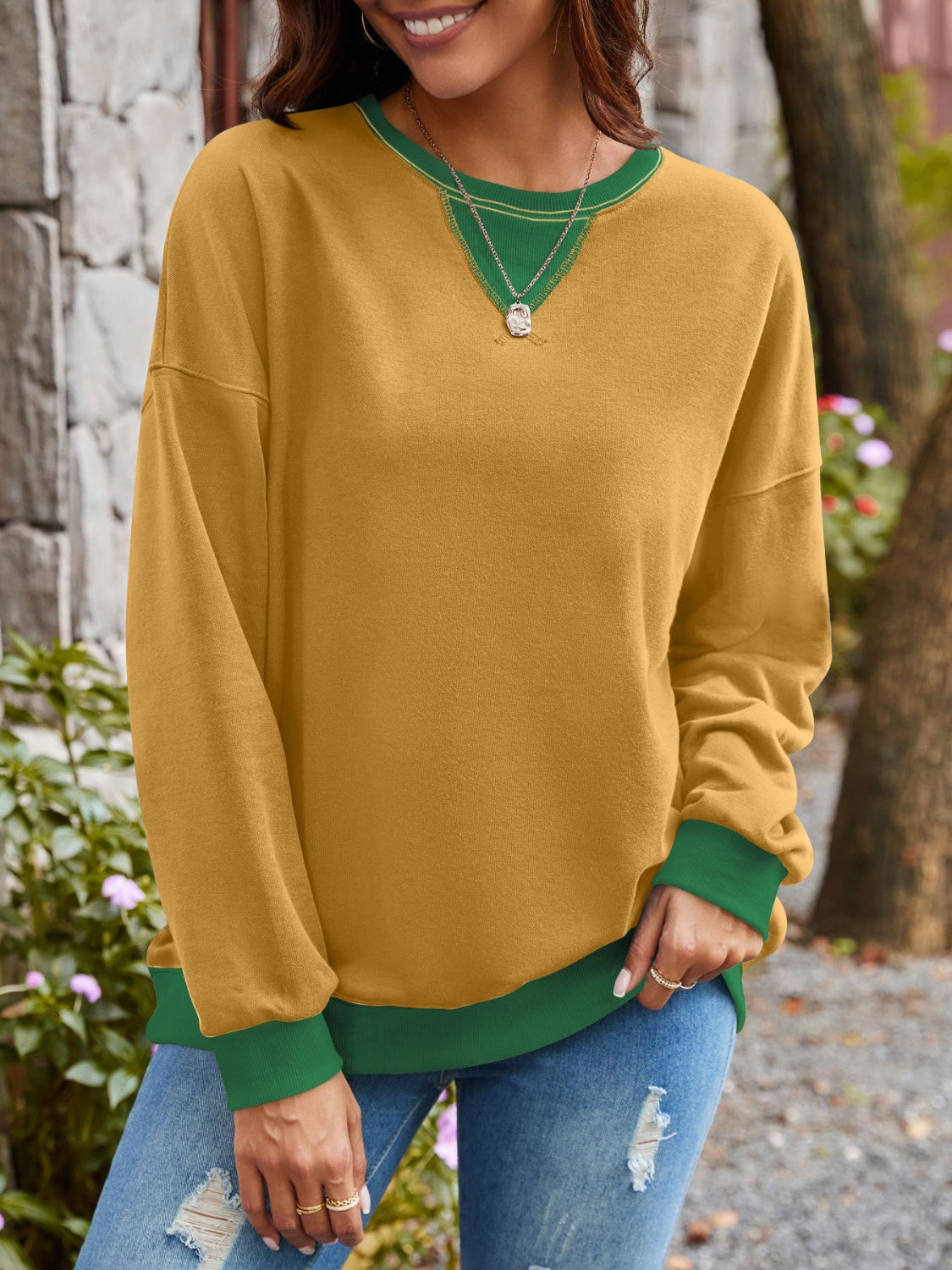 Lovelet Contrast Round Neck Long Sleeve Sweatshirt Mustard