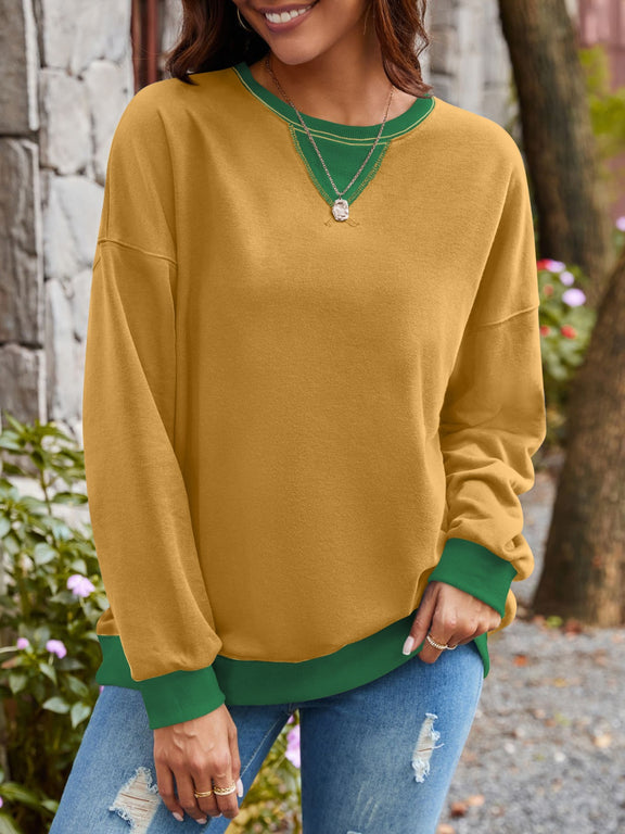 Lovelet Contrast Round Neck Long Sleeve Sweatshirt Mustard