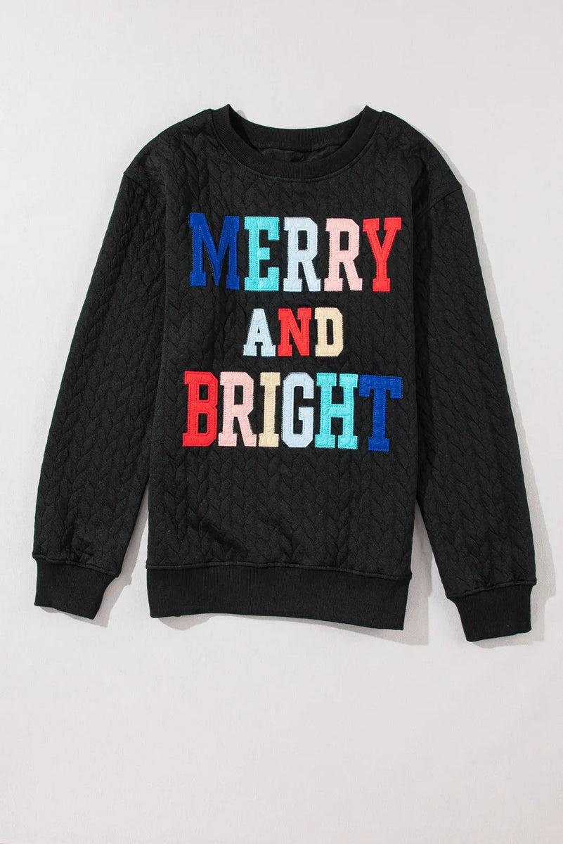Full Size MERRY AND BRIGHT Cable Knit Pullover Sweatshirt Black