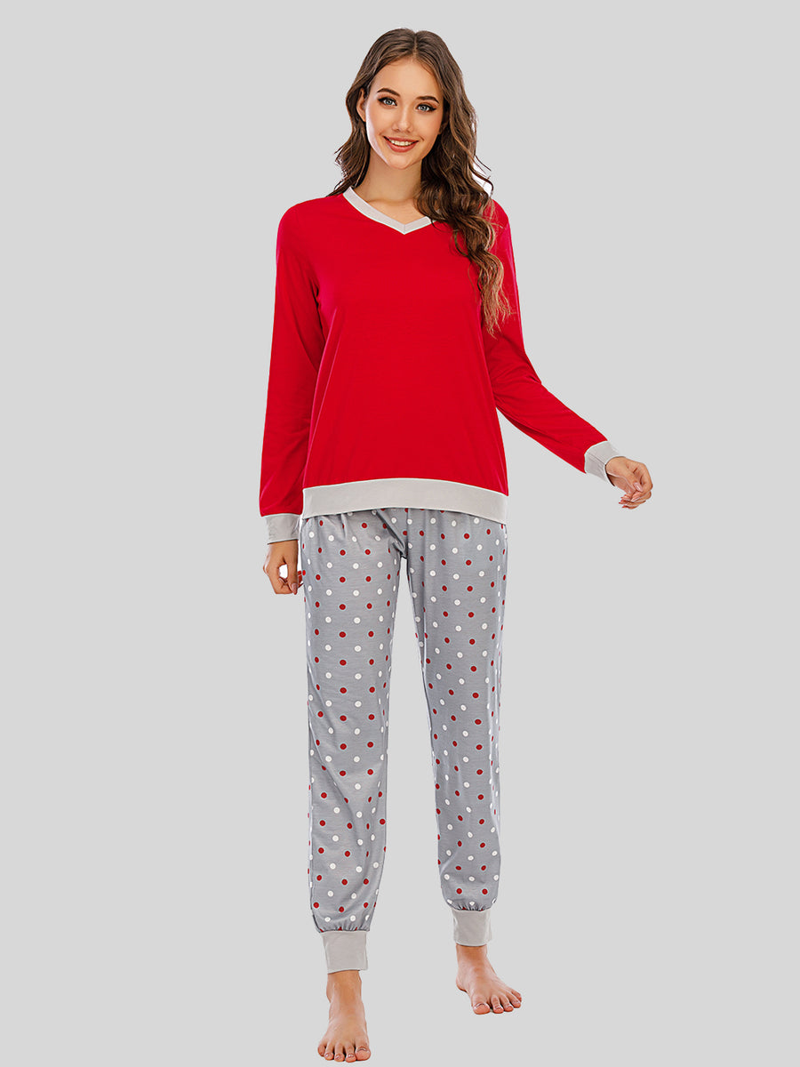 Long Sleeve Top and Polka Dot Pants Set Deep Red