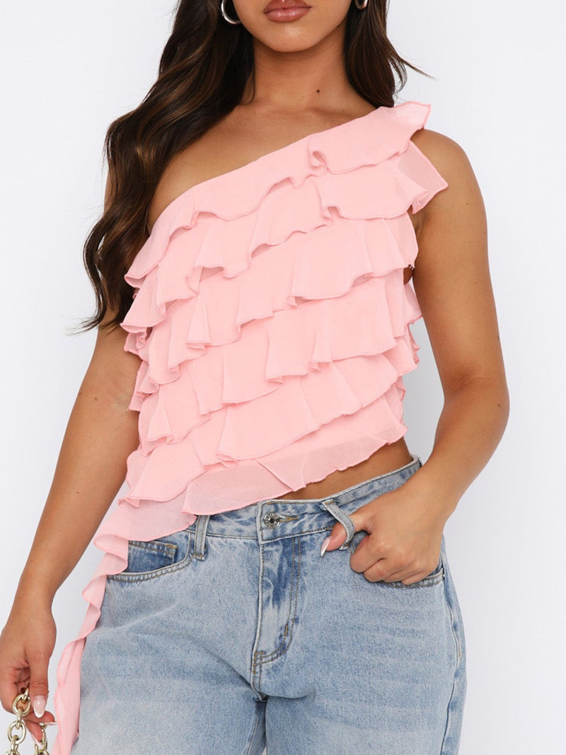 Layered Ruffled One Shoulder Tank Watermelon pink