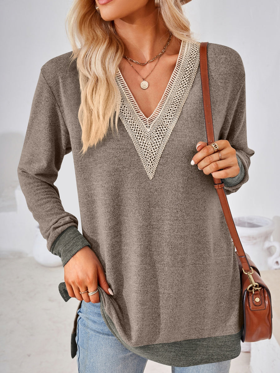 Crochet Contrast V-Neck Long Sleeve Slit T-Shirt Taupe
