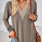 Crochet Contrast V-Neck Long Sleeve Slit T-Shirt