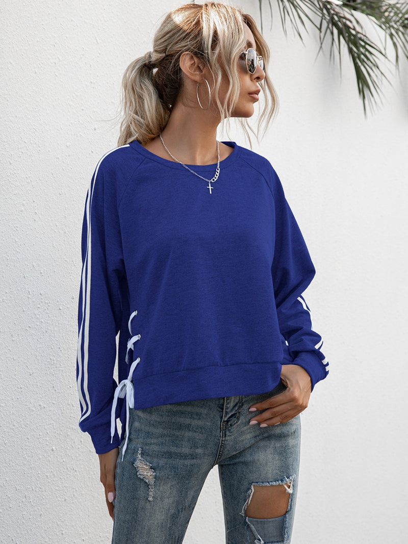 Ivy Lane Lace-Up Round Neck Long Sleeve Sweatshirt