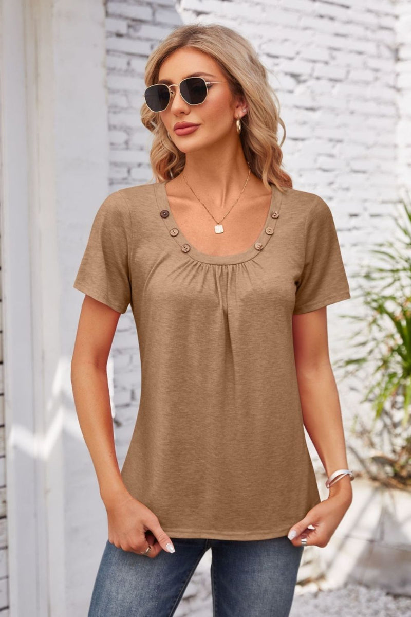 Decorative Button Scoop Neck T-Shirt Mocha