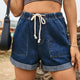 Drawstring High Waist Denim Shorts with Pockets Dark Blue