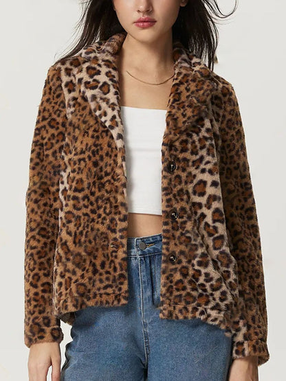 Fuzzy Leopard Collared Neck Jacket Leopard