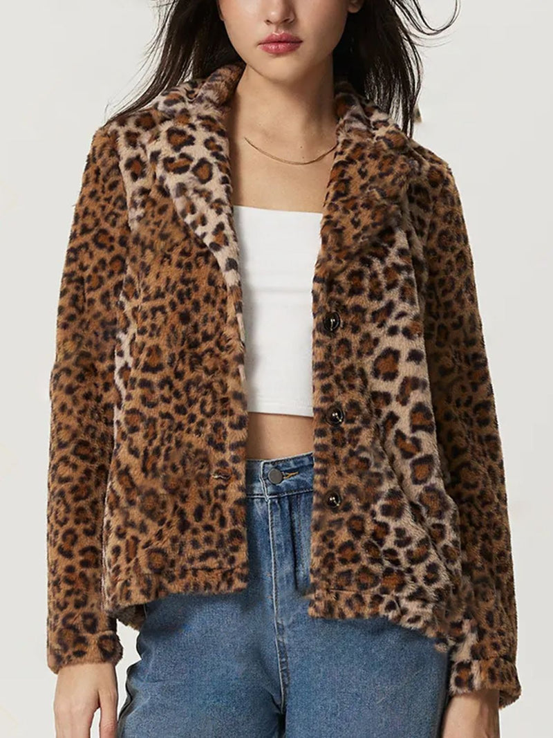 Fuzzy Leopard Collared Neck Jacket Leopard