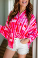 Color Block Collared Neck Long Sleeve Shirt Hot Pink