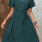 Buttoned V-Neck Flutter Sleeve Pleated Dress