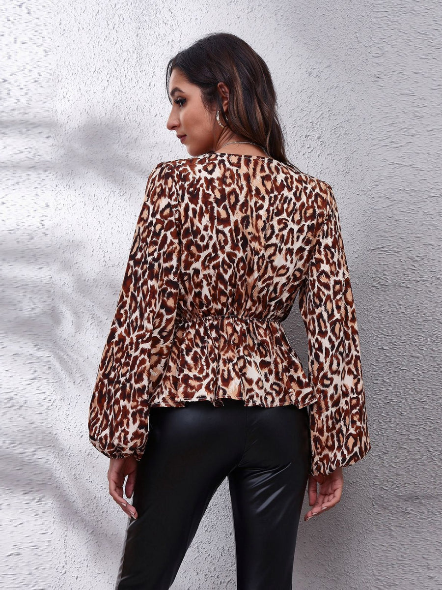Ruched Printed V-Neck Long Sleeve Blouse Leopard