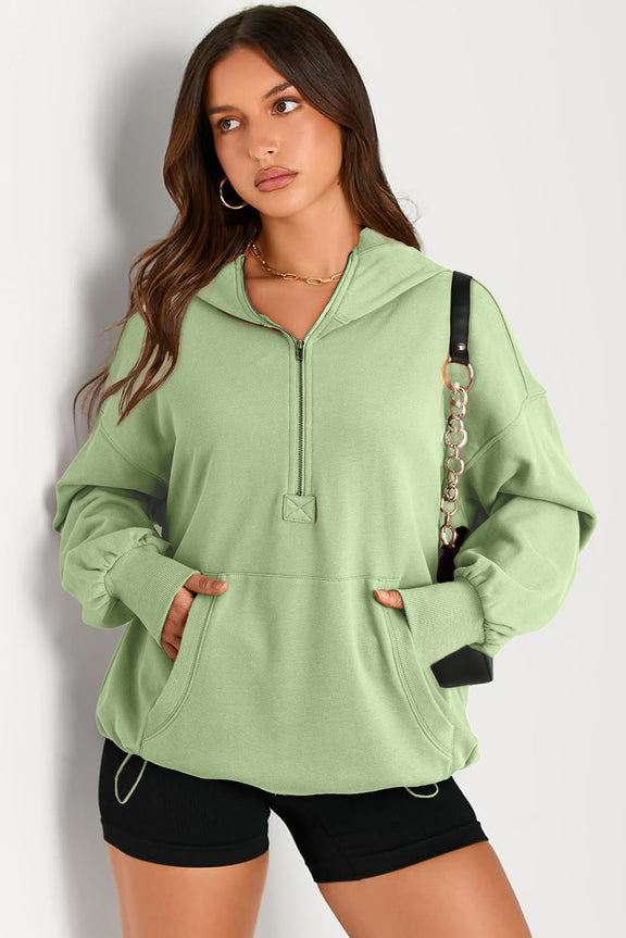 Pocketed Half Zip Long Sleeve Hoodie Light Green