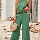 Buttoned Round Neck Tank and Wide Leg Pants Set