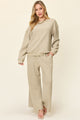 Double Take Full Size Texture Long Sleeve Top and Pants Set Tan