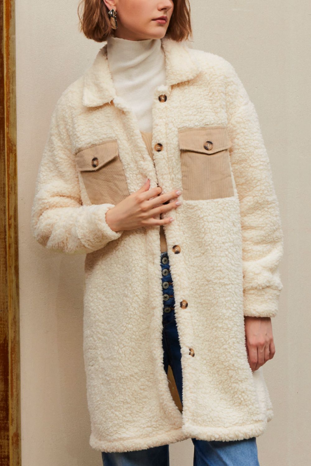 Collared Neck Long Sleeve Longline Teddy Jacket Beige
