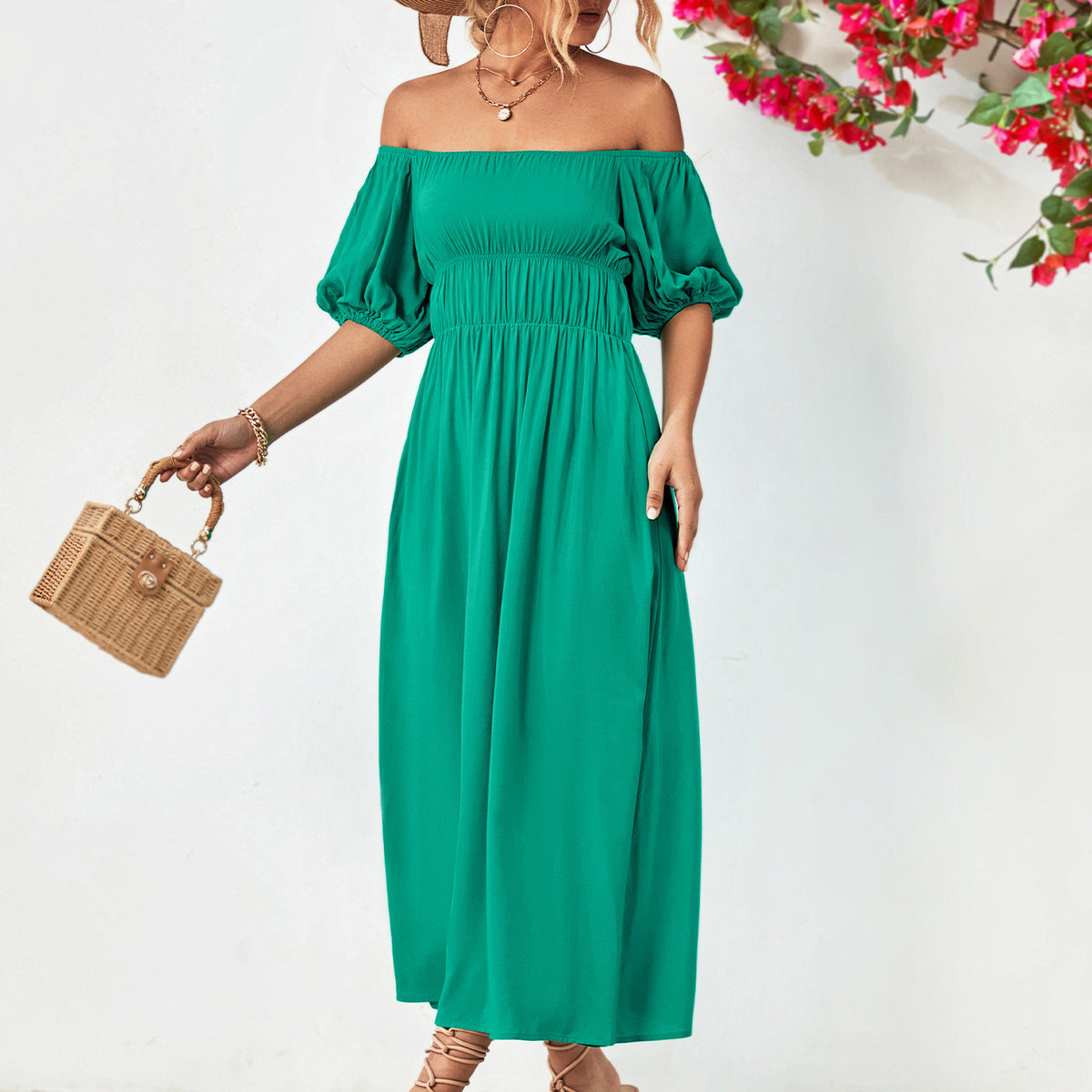 Off-Shoulder Balloon Sleeve Midi Dress