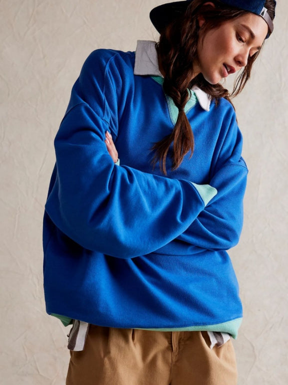 Mandy Contrast Trim Round Neck Long Sleeve Sweatshirt Peacock Blue