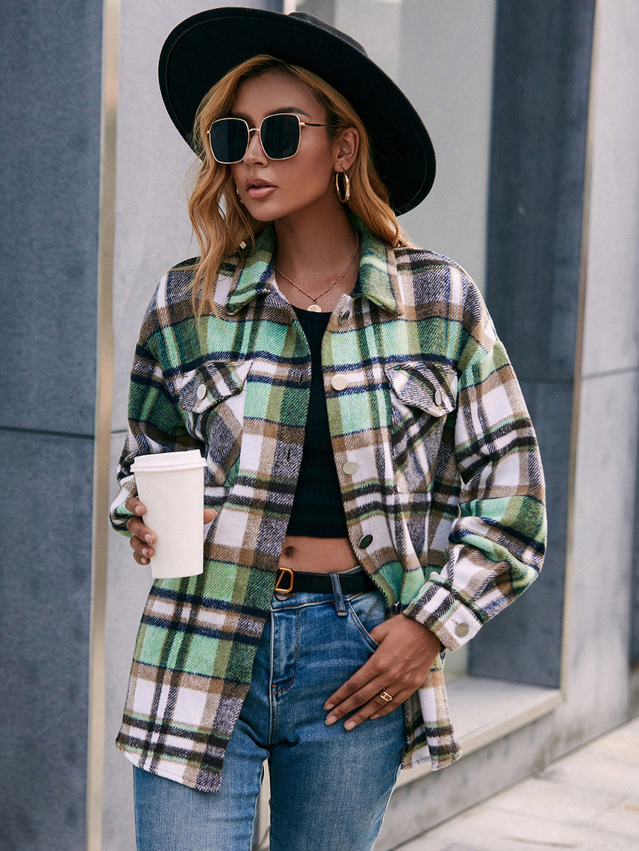 Ivy Lane Meet You Outside Plaid Button Down Curved Hem Shacket Mid Green