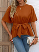 Ivy Lane Tied Round Neck Half Sleeve Blouse Caramel