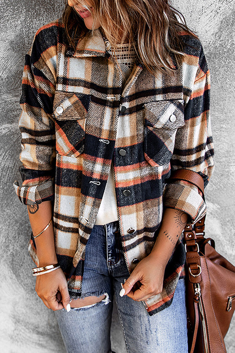Plaid Button Front Shirt Jacket with Breast Pockets Blue