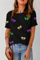 Bow Print Sequin Round Neck Short Sleeve T-Shirt Black