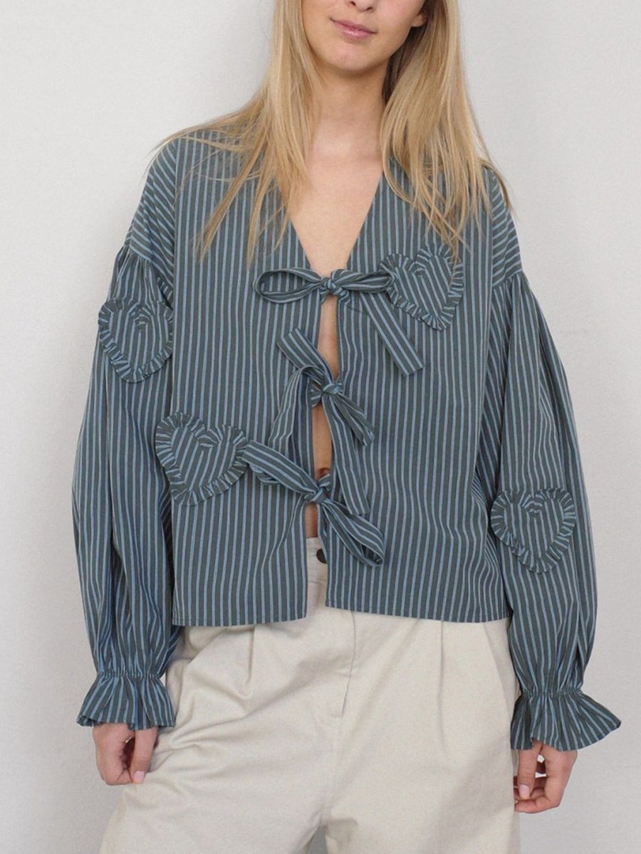 Tied Flounce Sleeve Blouse Stripe