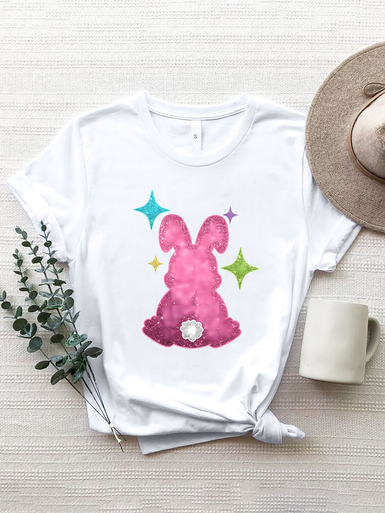 Rabbit Round Neck Short Sleeve T-Shirt White
