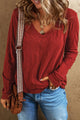 Exposed Seam V-Neck Long Sleeve T-Shirt Deep Red