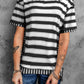 Full Size Contrast Stitching Striped Round Neck T-Shirt