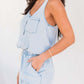 Pocketed Half Button Sleeveless Denim Romper