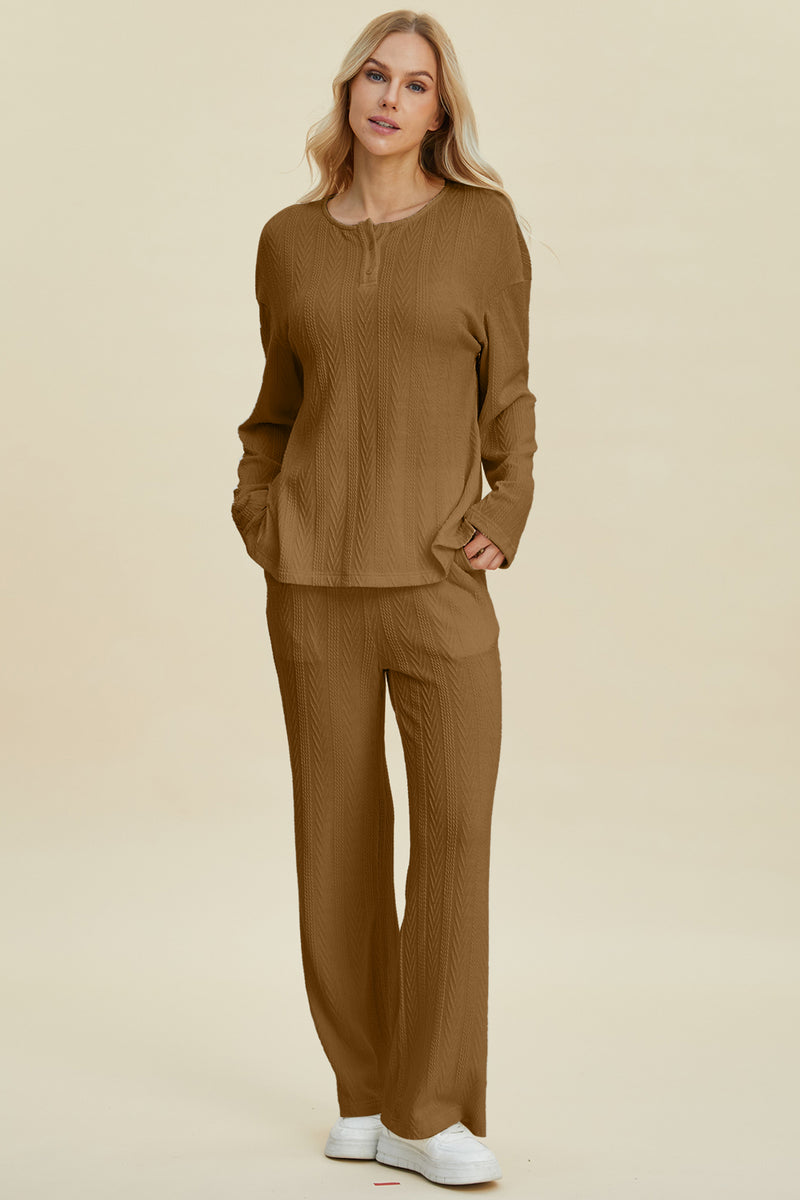 Double Take Full Size Cable-Knit Long Sleeve Top and Pants Set Camel
