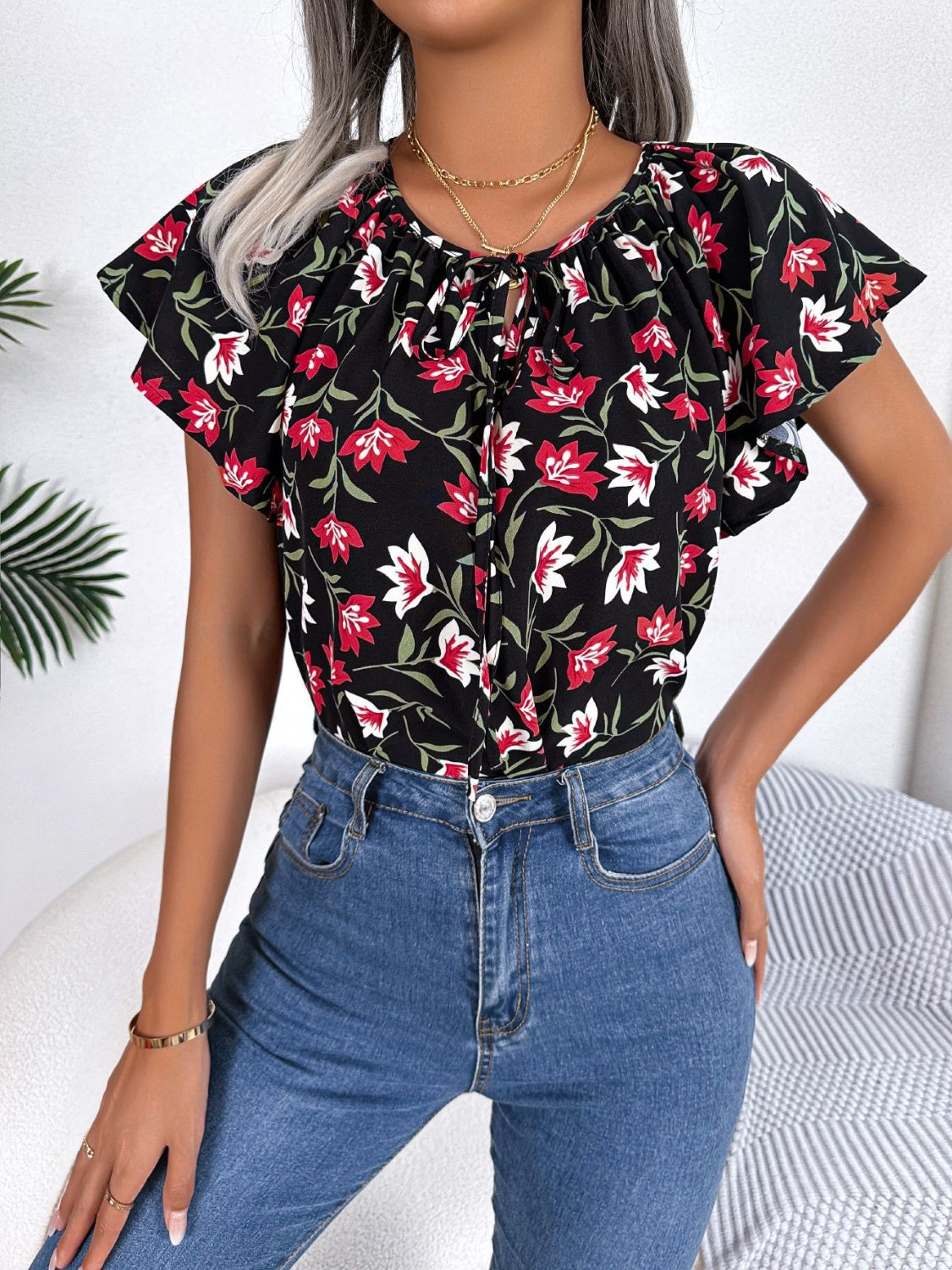 Floral Tie Neck Flutter Sleeve Blouse Black