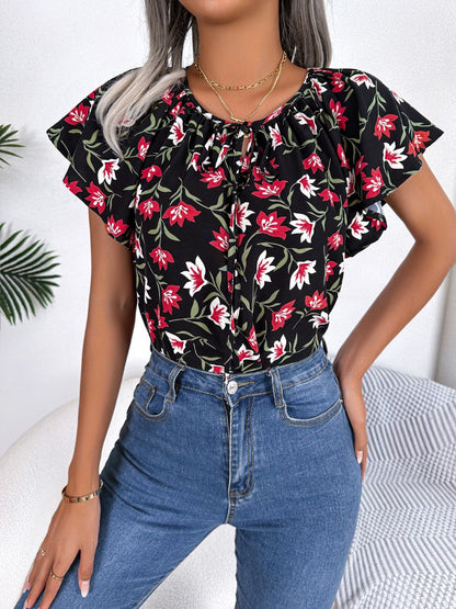Floral Tie Neck Flutter Sleeve Blouse Black