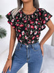 Floral Tie Neck Flutter Sleeve Blouse Black