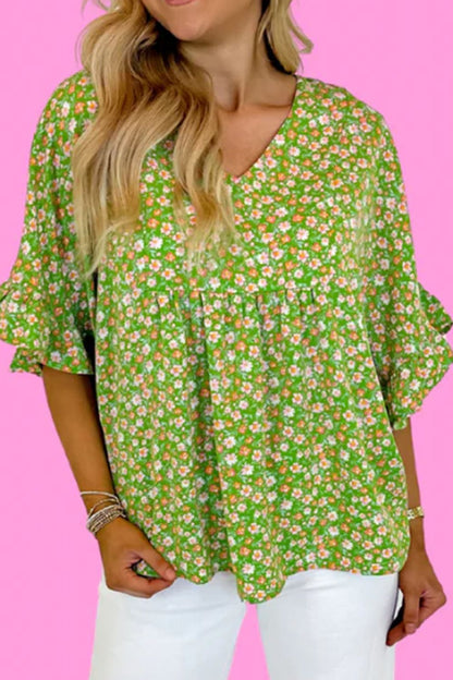 Ruffled Floral V-Neck Half Sleeve Blouse Green