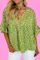 Ruffled Floral V-Neck Half Sleeve Blouse Green