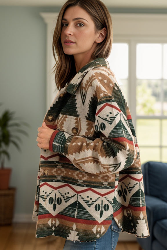 Geometric Button Up Long Sleeve Jacket Dark Green