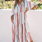 Striped Button Front Flutter Sleeve Tiered Shirt Dress