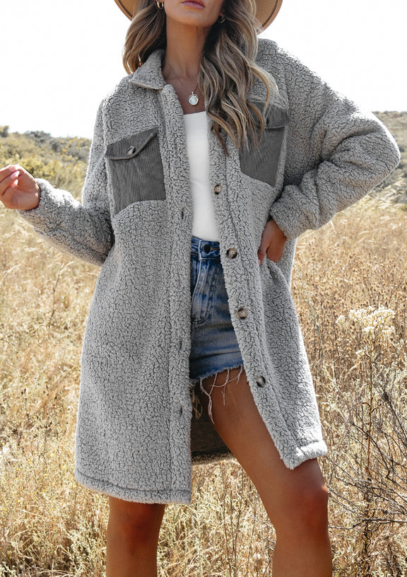 Collared Neck Long Sleeve Longline Teddy Jacket Gray