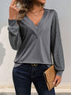 Perfee V-Neck Long Sleeve Top Dark Gray