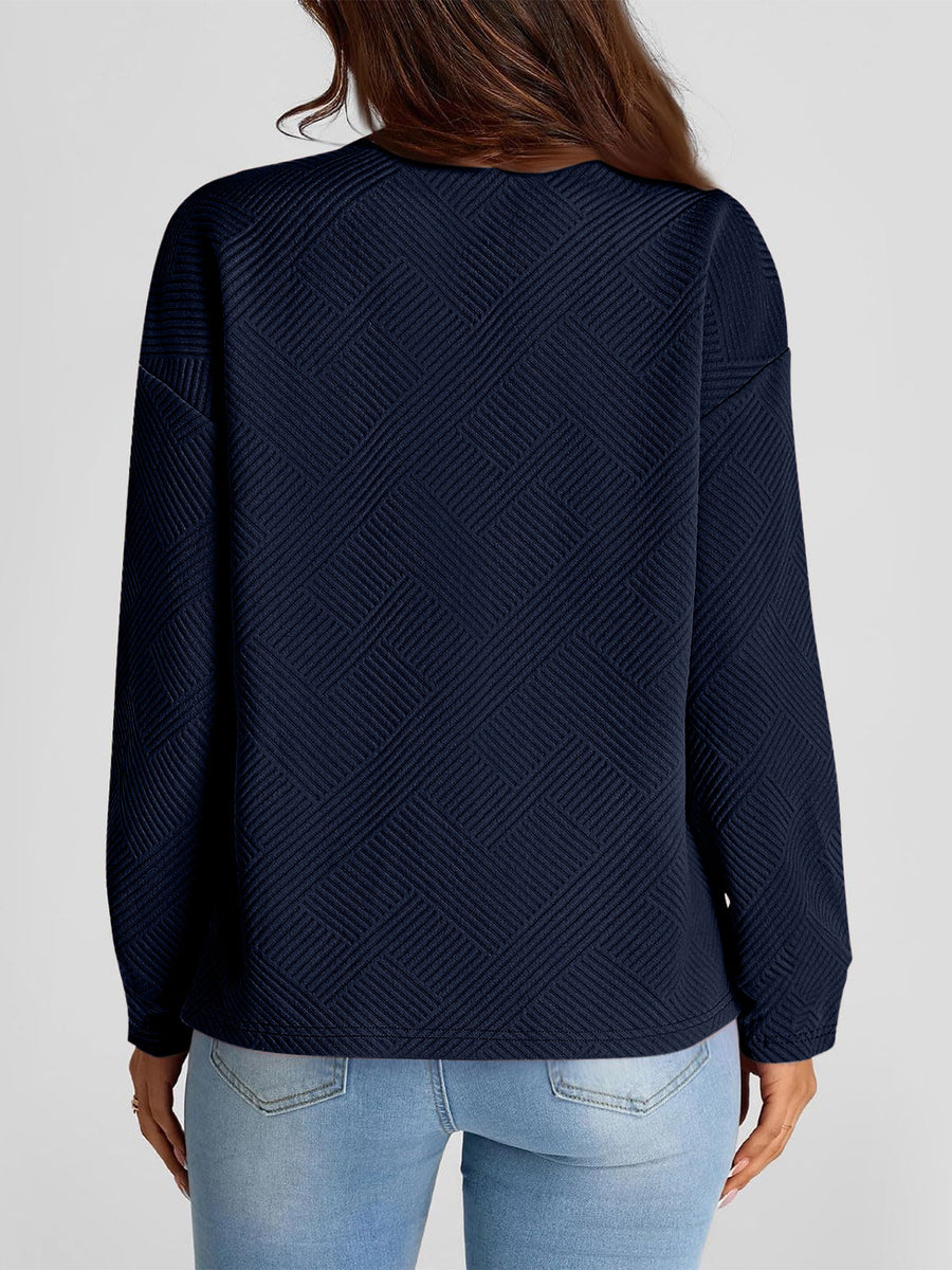Full Size Texture Round Neck Long Sleeve Sweatshirt Dark Navy