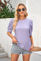 Openwork Round Neck Short Sleeve Blouse Lavender