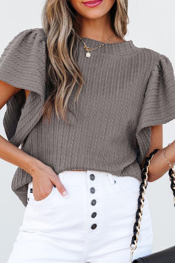 Textured Round Neck Flounce Sleeve Blouse Gray