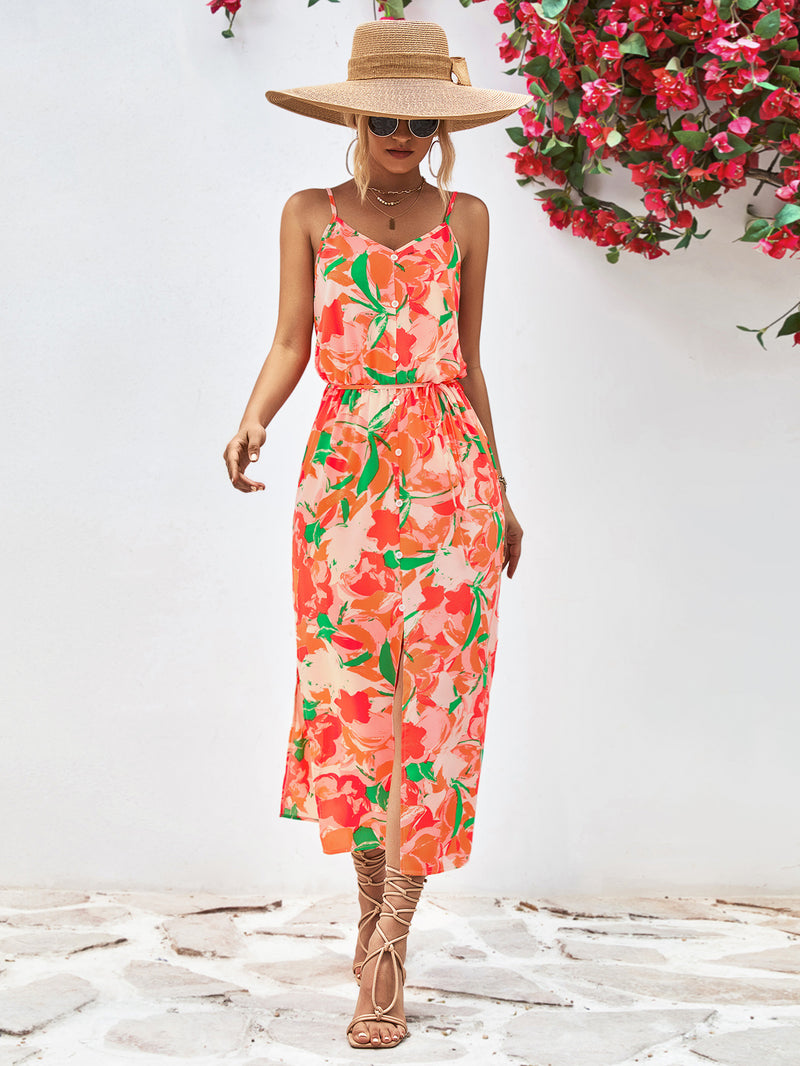 Printed Spaghetti Strap Front Slit Dress